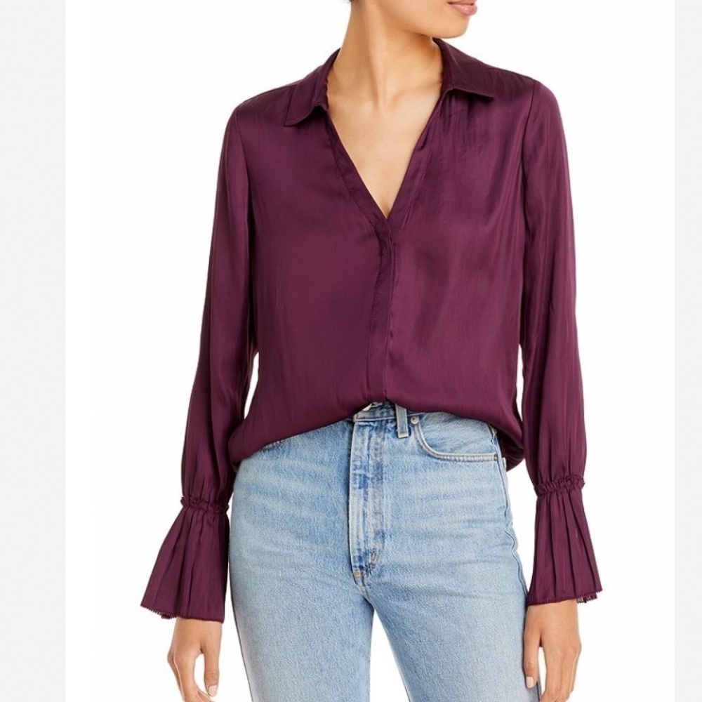 NEW! PAIGE Abriana Satin Top Button Down Long Sleeves Deep Garnet Color